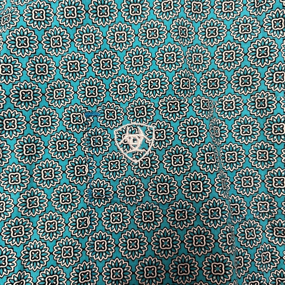 Ariat Button Down Shirt Mens Medium Teal Geometric Floral Stretch Long Sleeve - Picture 3 of 11